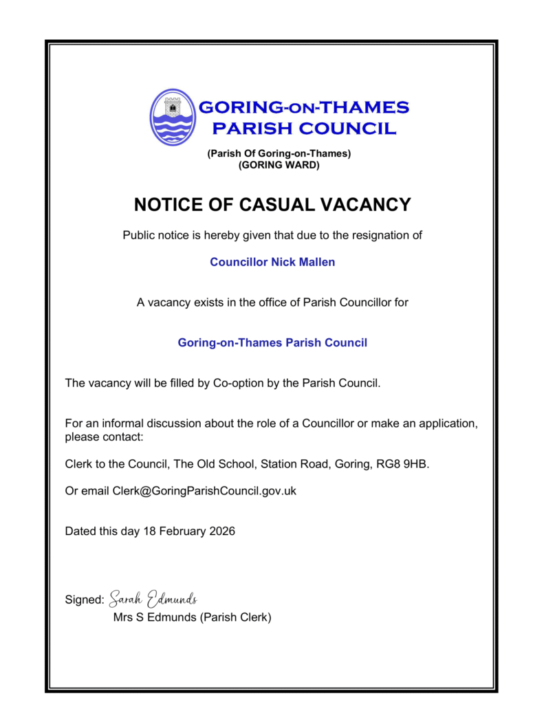Notice that the vacant seat is open for filling by co-option and to contact te Clerk of the Council