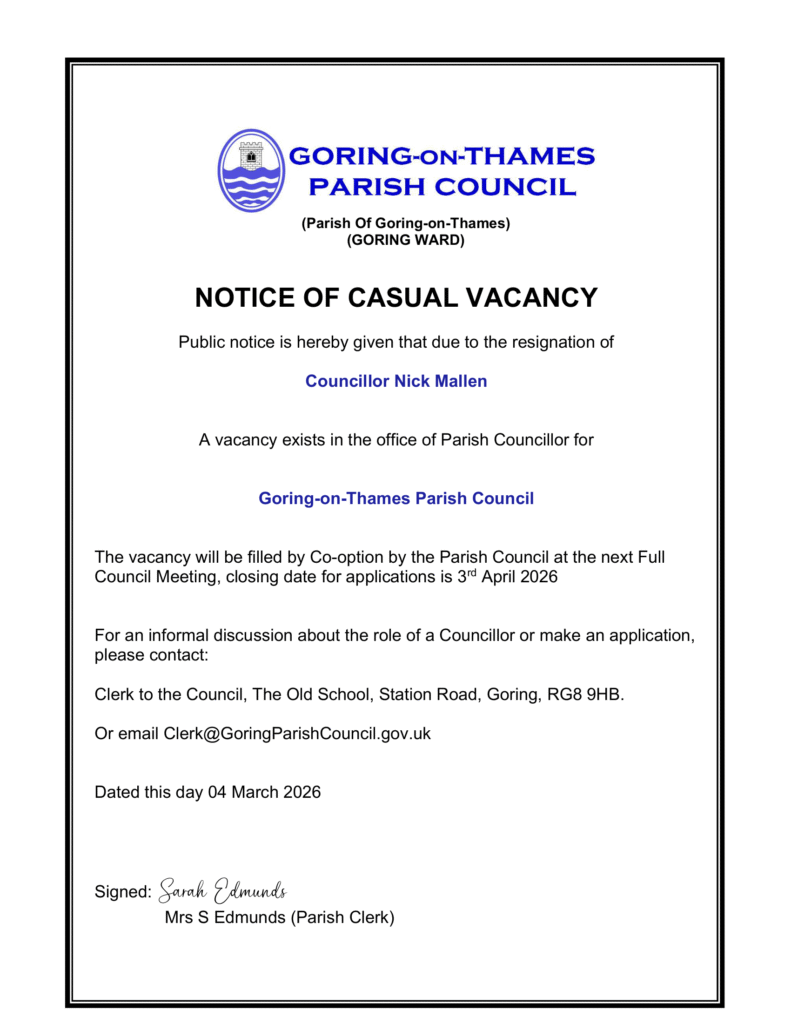 Notice that the Councillor vacancy is to be filled by co-option at the April Full Council Meeting, applications close 3 April.